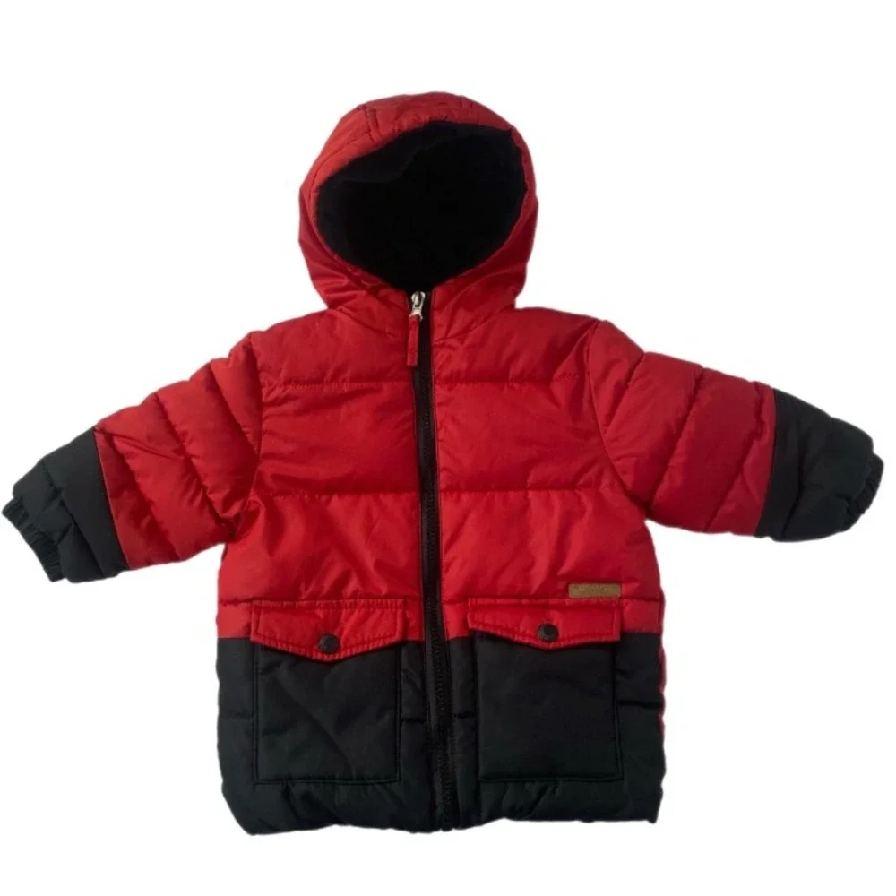 iXtreme‎ Puffer Jacket Kids 12M Red Black Hooded Fleece Lined Winter Coat
